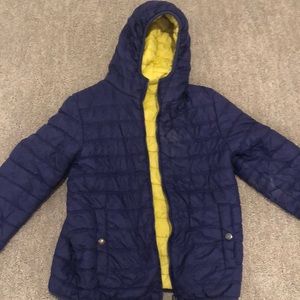 Boden reversible purple and yellow puffer jacket